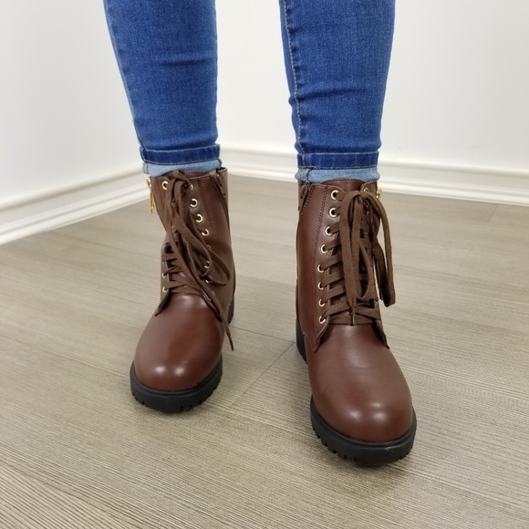 Faux leather brown laced up combat boots - Picture 5 of 8